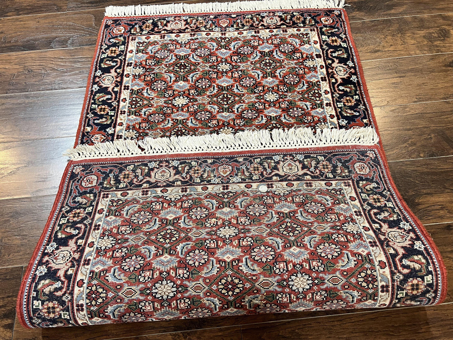 Indo Persian Rug 3x5, Red and Navy Blue, Wool Vintage Handmade Small Carpet 3 x 5 ft, Herati Pattern, Bidjar Rug - Nuvé