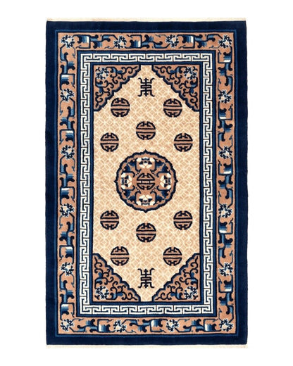 Chinese Peking Rug 3x5, Antique Chinese Art Deco Carpet, Blue Ivory Tan, Hand Knotted Wool Asian Oriental Rug 3 x 5 Vintage Small Peking Rug