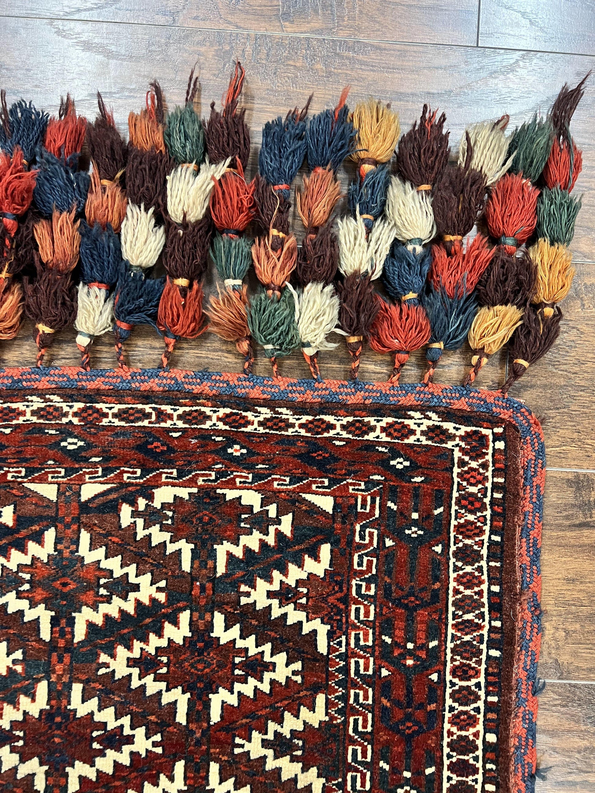 Antique Turkoman Camel Trapping, Turkoman Asmalyk, Red Black Ivory, Handmade, Hand Knotted Tribal Collectible Rug, Rare - Nuvé
