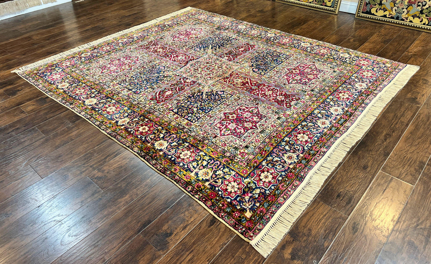 Persian Kirman Lavar Rug 8x9, Antique Persian Carpet, Colorful Multicolor 1920s Handmade Wool Rug, Garden Panel Design, Fine 200 KPSI - Nuvé