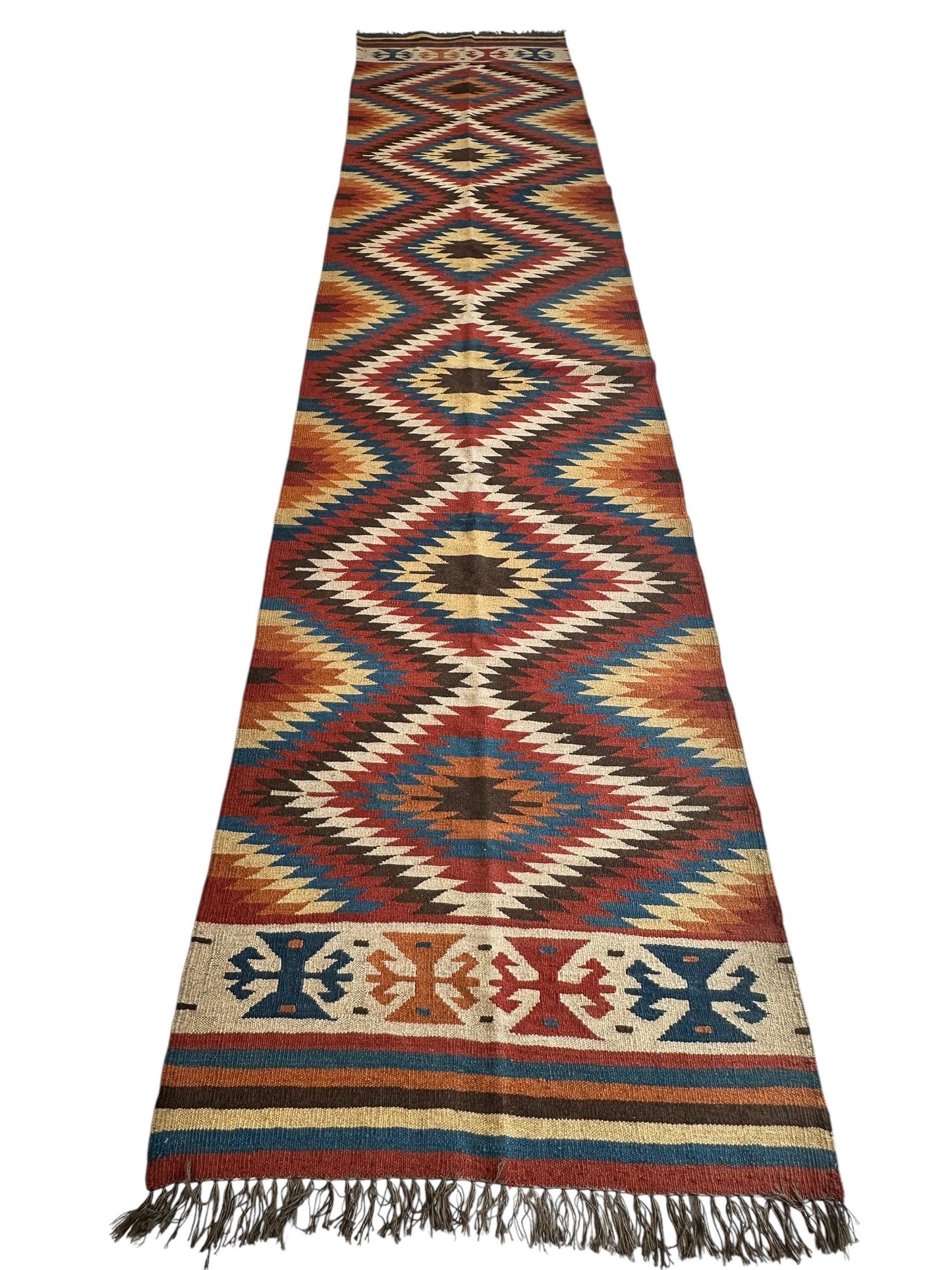 Hand-Knotted Afghan Kilim Wool Runner Rug – 2’8” x 12’4” – Vintage Full Geometric Design - Nuvé