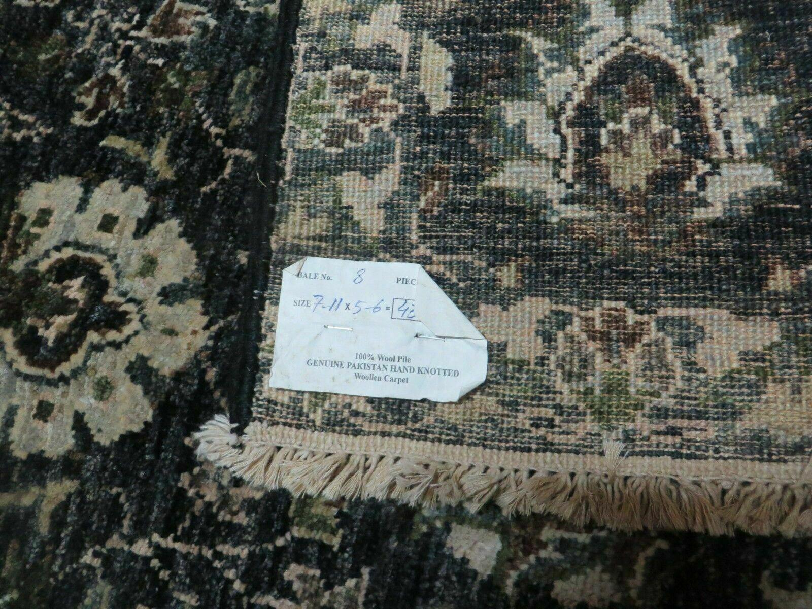 5' 6" X 8' Vintage Handmade Pakistani Floral Oriental Wool Rug Black Dark Grey - Nuvé