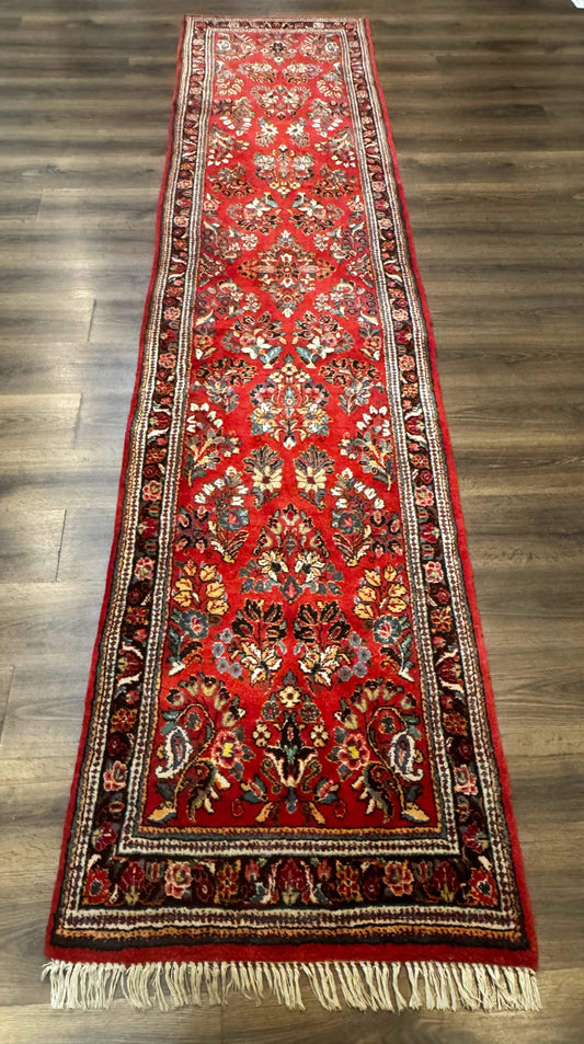 Persian Sarouk Runner Rug 3x12, Red Floral 3 x 12ft Runner, Vintage, Wool - Nuvé
