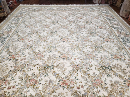 Pak Persian Floral Rug 11 x 12.6, Ivory, Very Fine, Hand Knotted - Nuvé