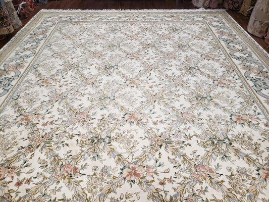 Pak Persian Floral Rug 11 x 12.6, Ivory, Very Fine, Hand Knotted - Nuvé
