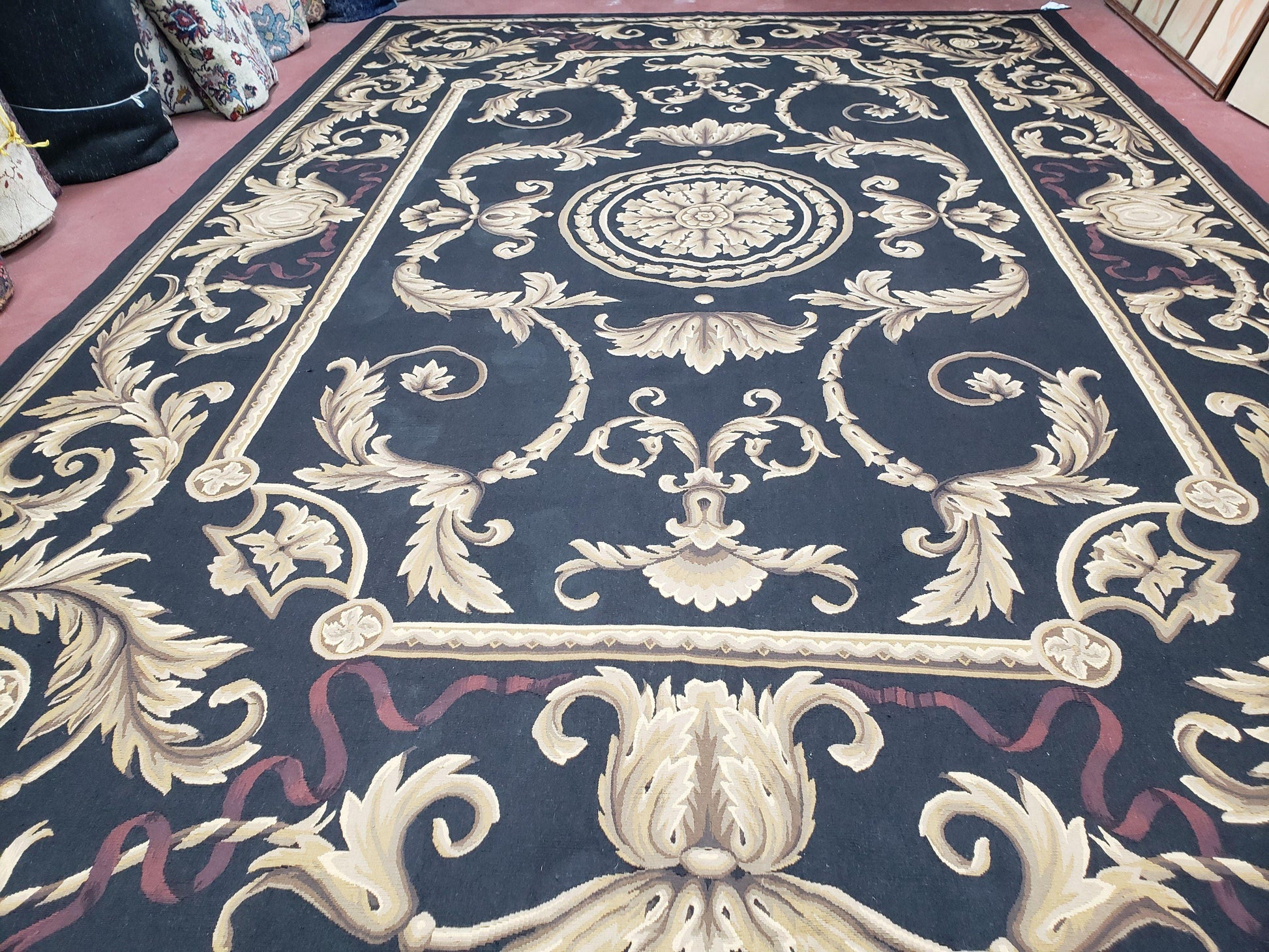 Black and Tan Aubusson Rug, 10 x 14 Aubusson Carpet, New Aubusson Rug, Elegant, Wool, Handmade Area Rug, Flatweave Rug, Large Aubusson Rug - Nuvé