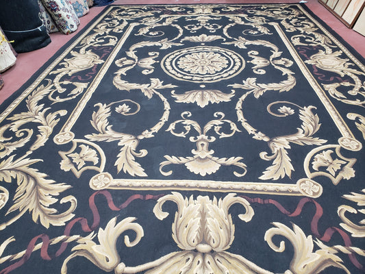 Black and Tan Aubusson Rug, 10 x 14 Aubusson Carpet, New Aubusson Rug, Elegant, Wool, Handmade Area Rug, Flatweave Rug, Large Aubusson Rug - Nuvé