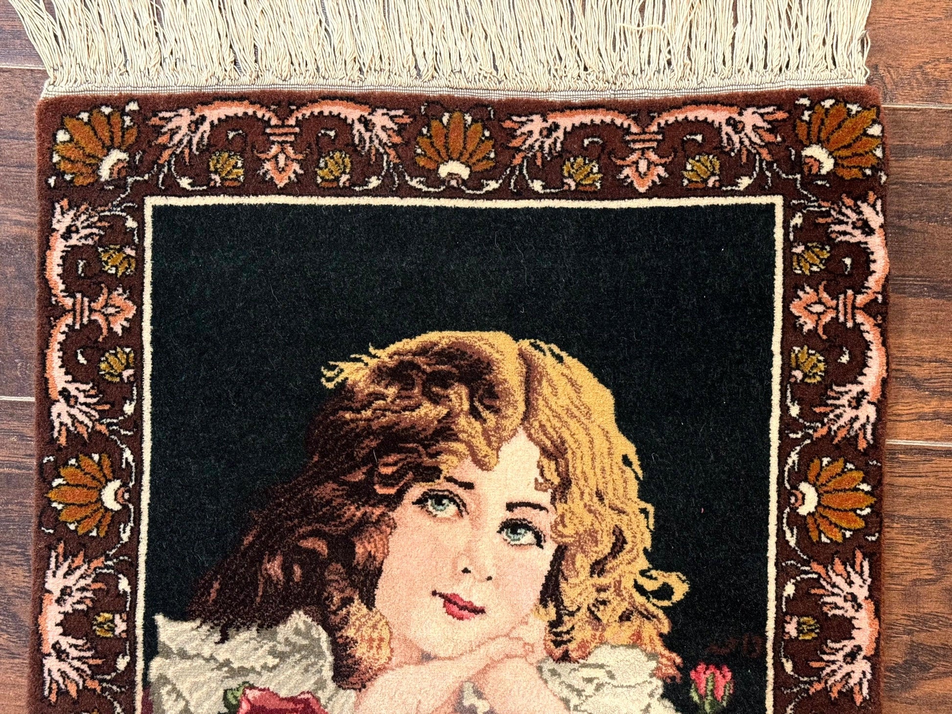 Small Persian Tabriz Pictorial Rug of Young Girl, Very Fine 380 KPSI, Portrait of Young Lady with Roses, Handmade, Persian Rug for Wall Hanging - Nuvé
