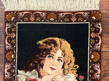 Small Persian Tabriz Pictorial Rug of Young Girl, Very Fine 380 KPSI, Portrait of Young Lady with Roses, Handmade, Persian Rug for Wall Hanging - Nuvé