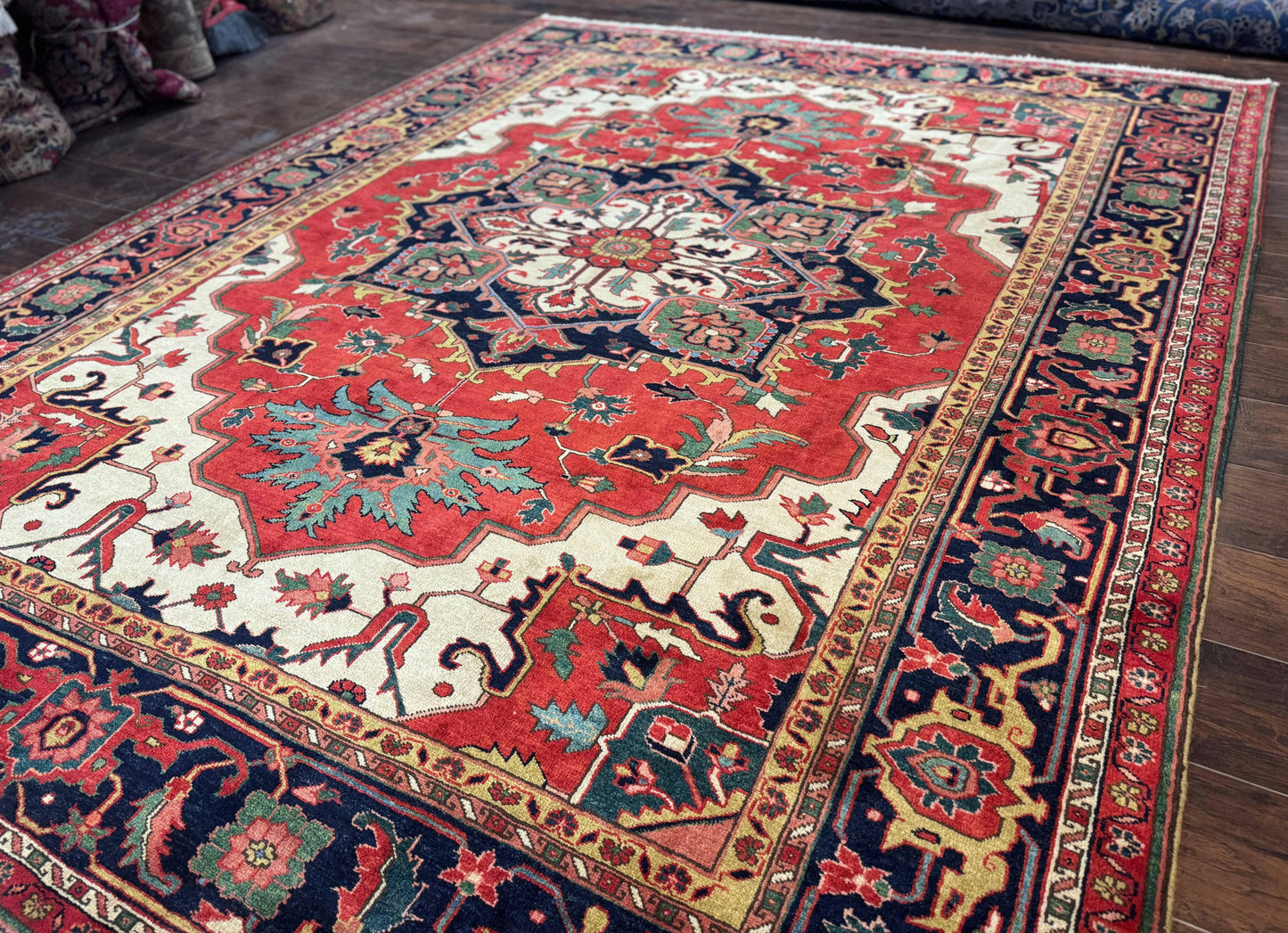 Persian Heriz Serapi Rug 8 x 10.6, Geometric Medallion, Great Colors, Rare, Red Navy Blue Ivory - Nuvé