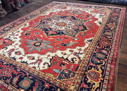 Persian Heriz Serapi Rug 8 x 10.6, Geometric Medallion, Great Colors, Rare, Red Navy Blue Ivory - Nuvé