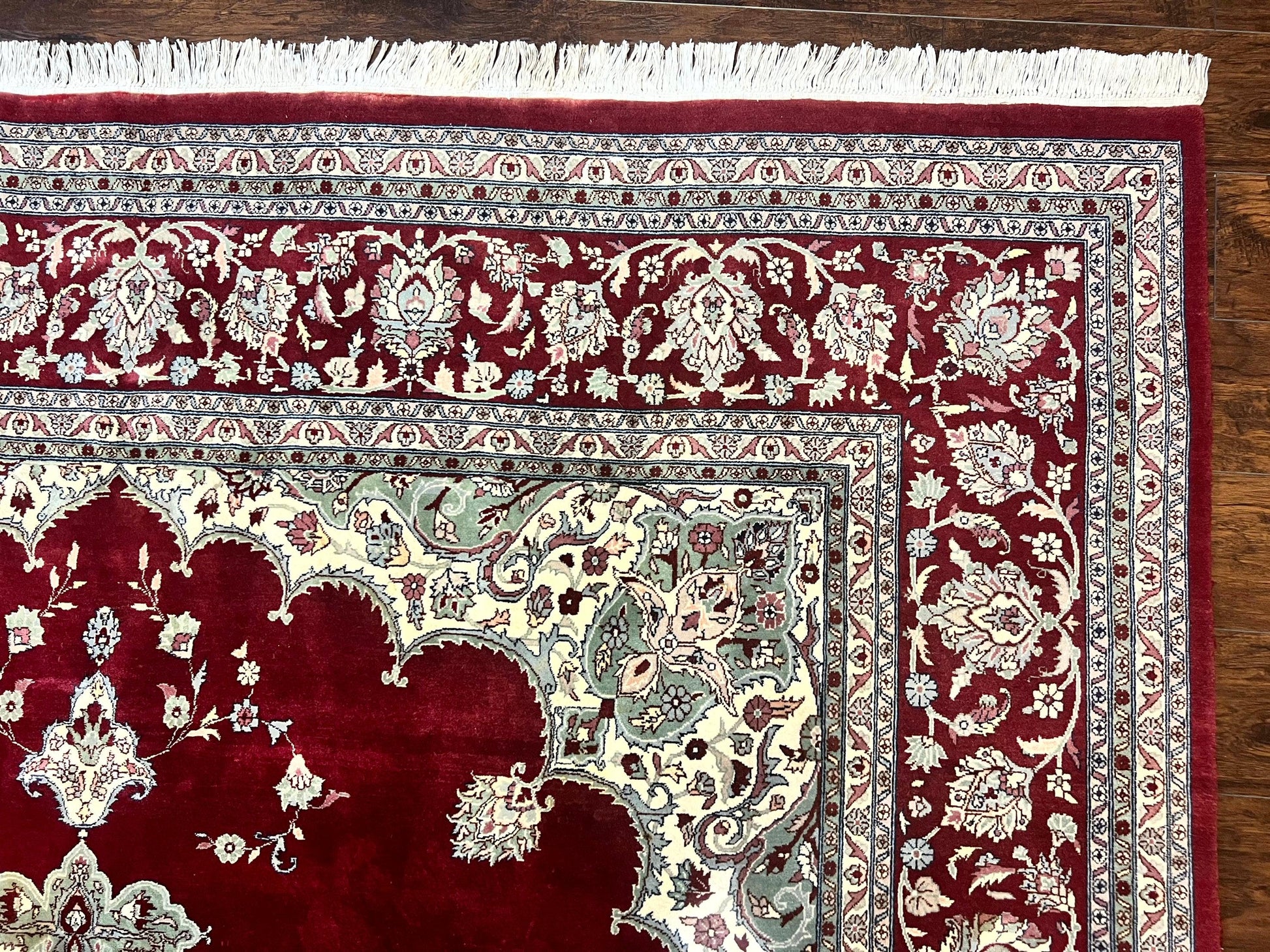 Pak Persian Rug 9x12, Handmade Vintage Traditional Wool Carpet, Floral Medallion, Dark Red Ivory/Cream, Fine 250 KPSI - Nuvé