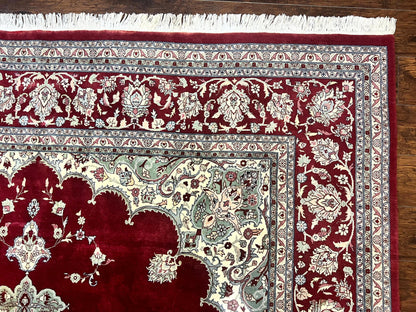 Pak Persian Rug 9x12, Handmade Vintage Traditional Wool Carpet, Floral Medallion, Dark Red Ivory/Cream, Fine 250 KPSI - Nuvé