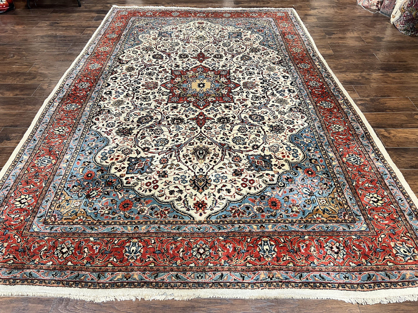 Persian Sarouk Rug 8x12, Wool Hand Knotted Antique Carpet, Floral Medallion, Cream Red, Traditional Oriental Rug - Nuvé