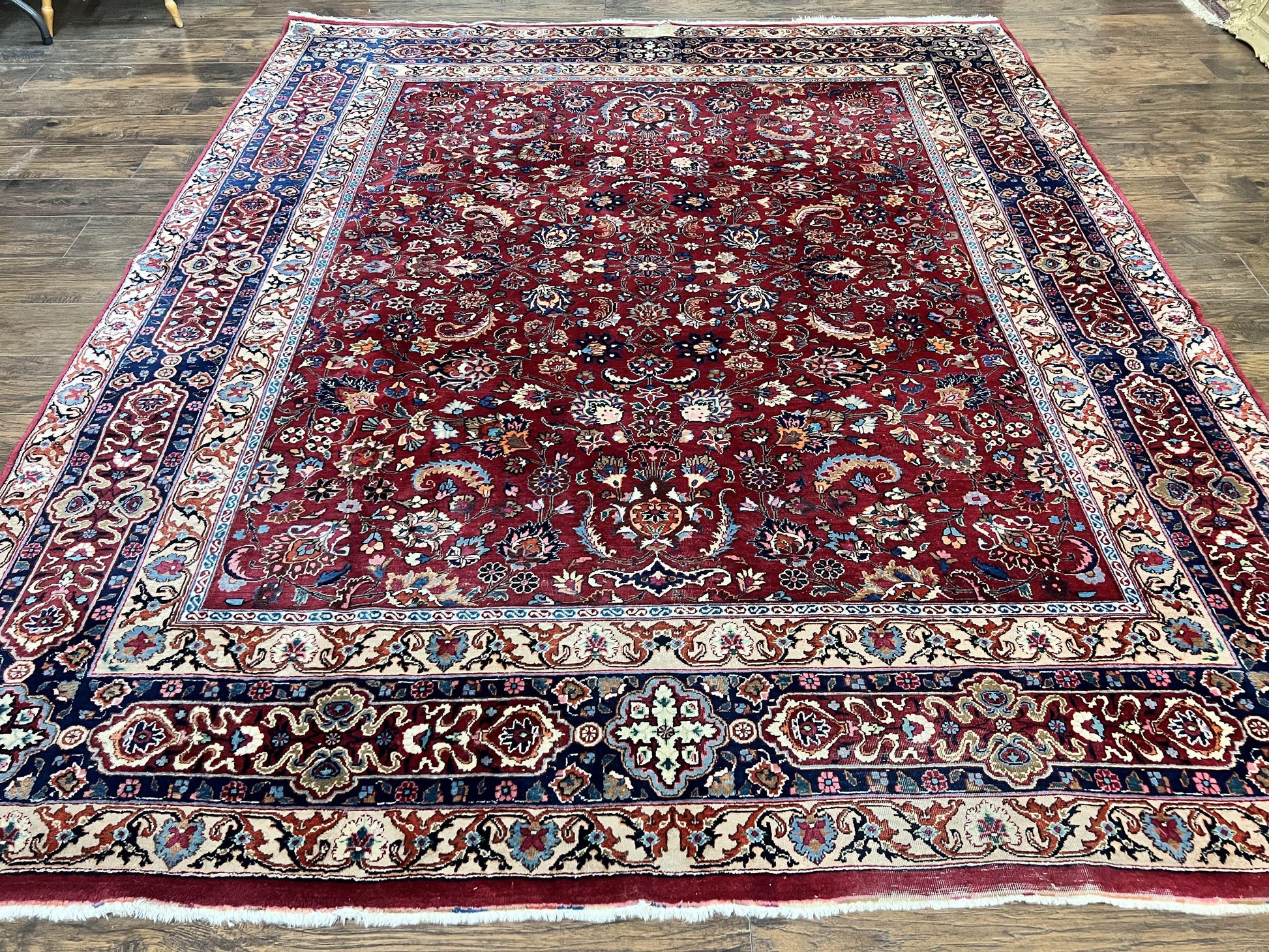 Signed Persian Mashad Rug 8x10, Wool Oriental Carpet, Semi Antique Rug, Hand Knotted, Traditional, Red, Floral Allover, - Nuvé