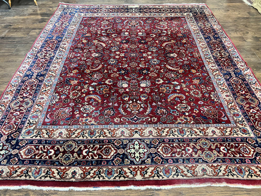 Signed Persian Mashad Rug 8x10, Wool Oriental Carpet, Semi Antique Rug, Hand Knotted, Traditional, Red, Floral Allover, - Nuvé