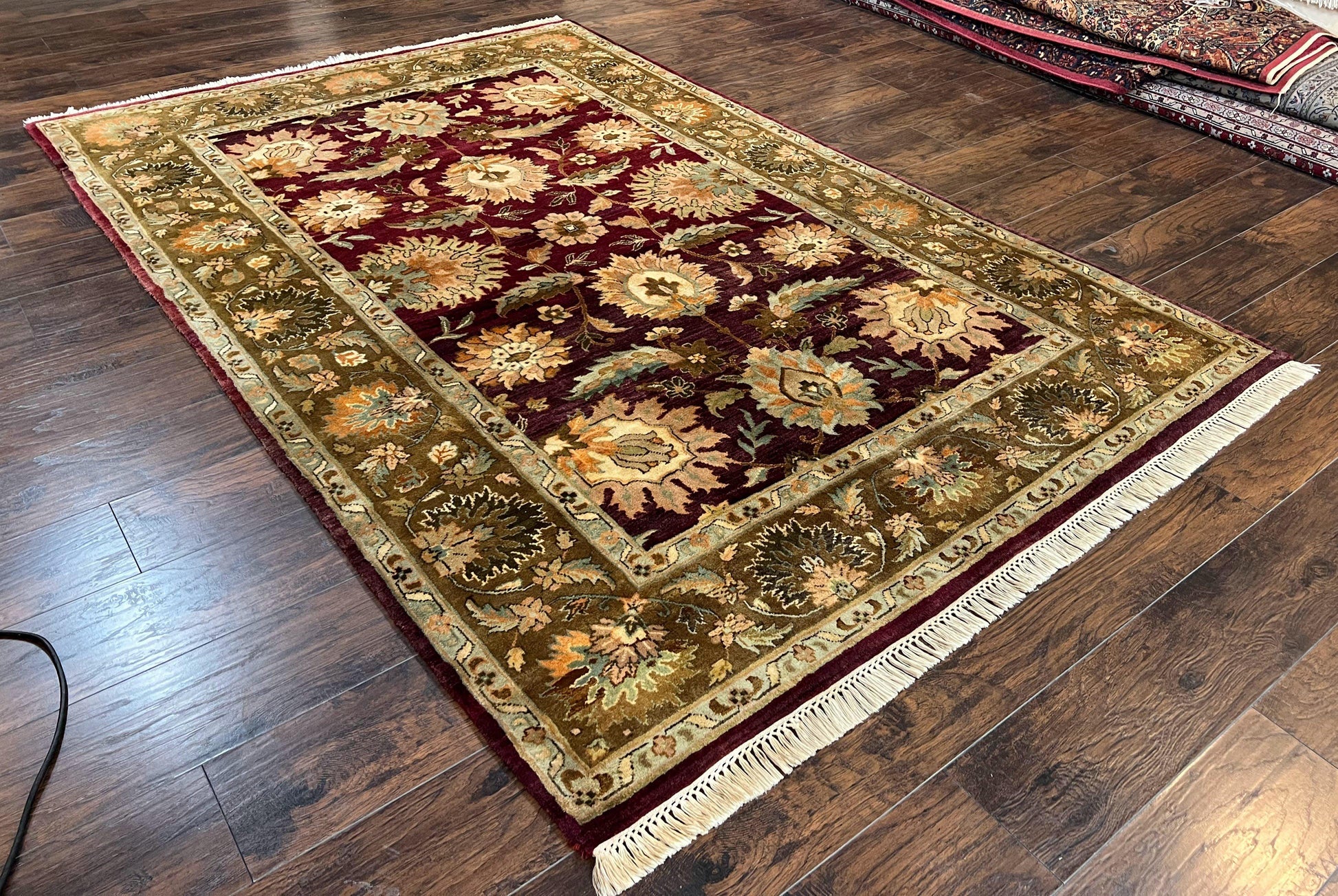 Indo Mahal Rug 6x9, Large Flowers Allover, Maroon and Green, Handmade Wool Area Rug, Vintage Rug, Indian Oriental Carpet, Hand Knotted Rug - Nuvé