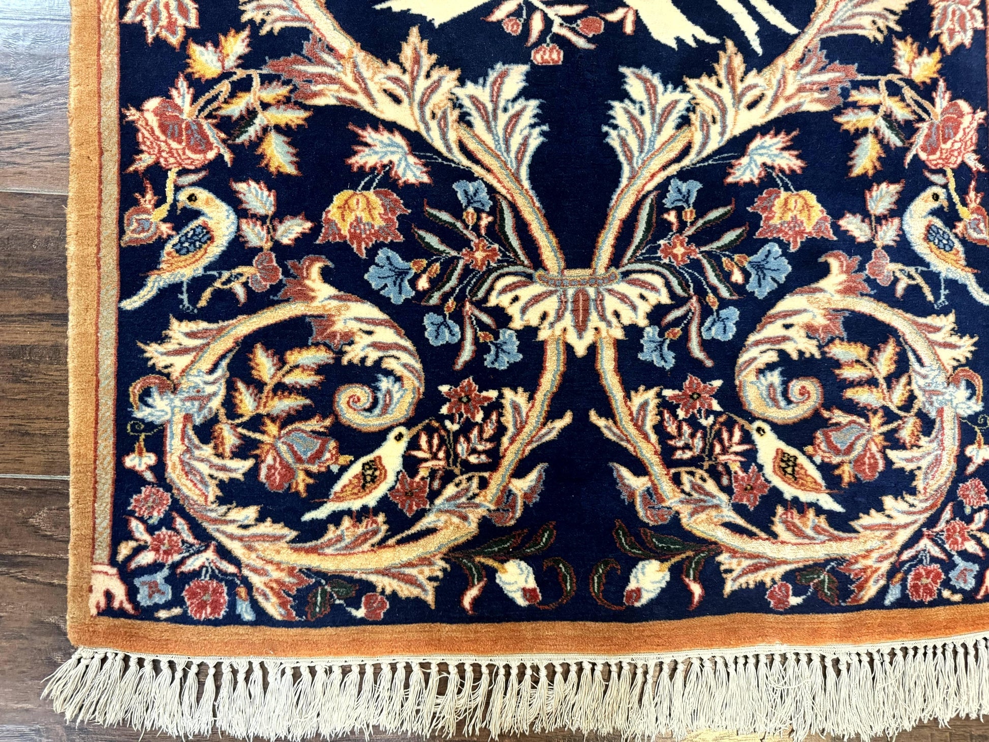 Persian Isfahan Rug 2x4, Birds, Navy Blue, Kork Wool on Silk Foundation, 460 KPSI - Nuvé