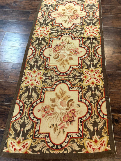 Needlepoint Runner Rug 2.7 x 9.7, European French Design, Wool, Handmade, Vintage - Nuvé
