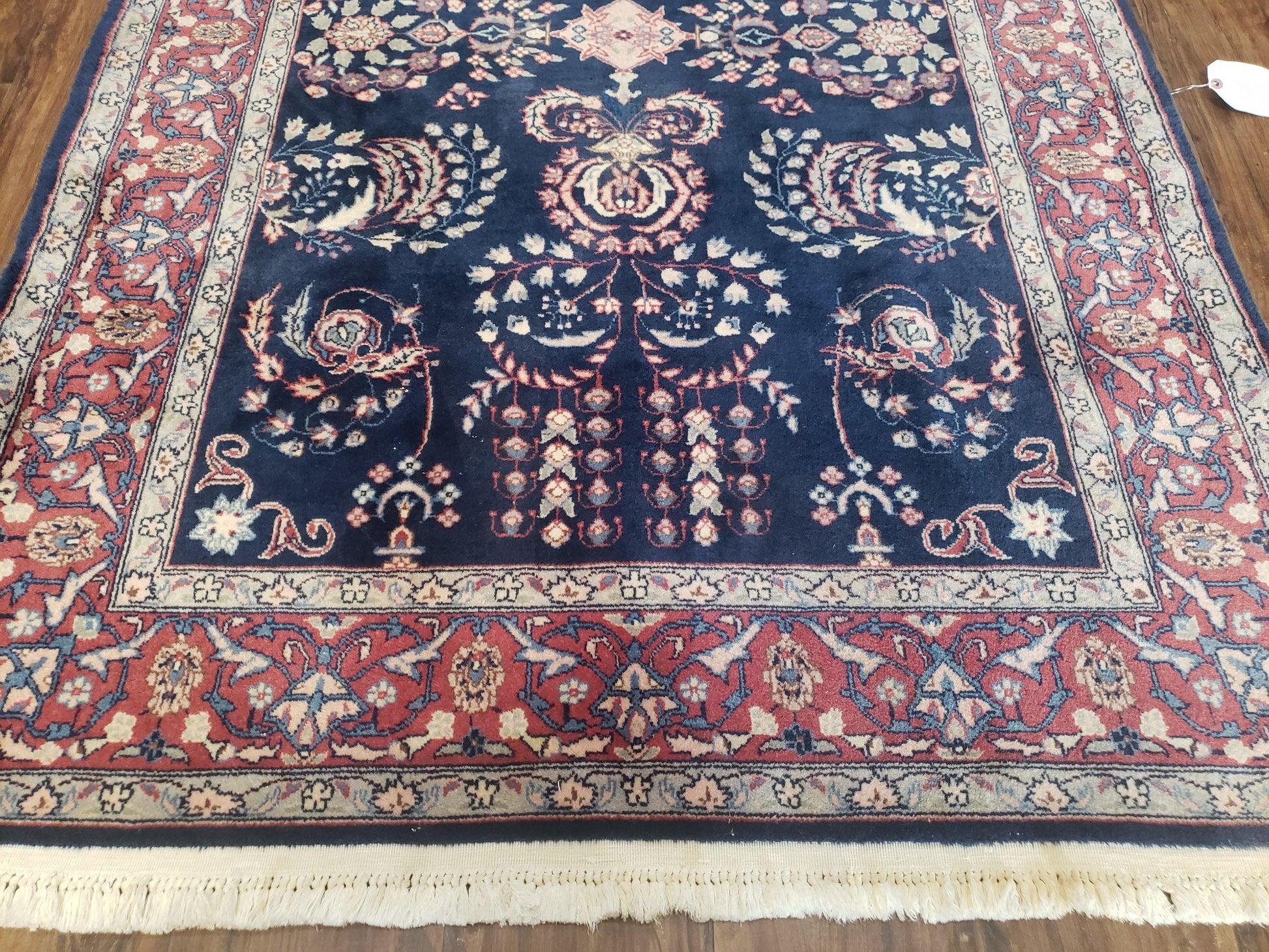 Dark Blue Indo Persian Rug 4x6, Medium Size Hand Knotted Oriental Carpet, Traditional Floral Indian Rug, Blue and Red Entryway Rug, Wool Rug - Nuvé