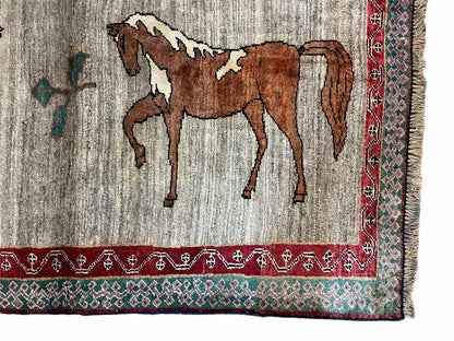 4 X 6 Handmade Rug Zagros New Vintage Quality Wool Rug Horses Silver Brown Nice - Nuvé