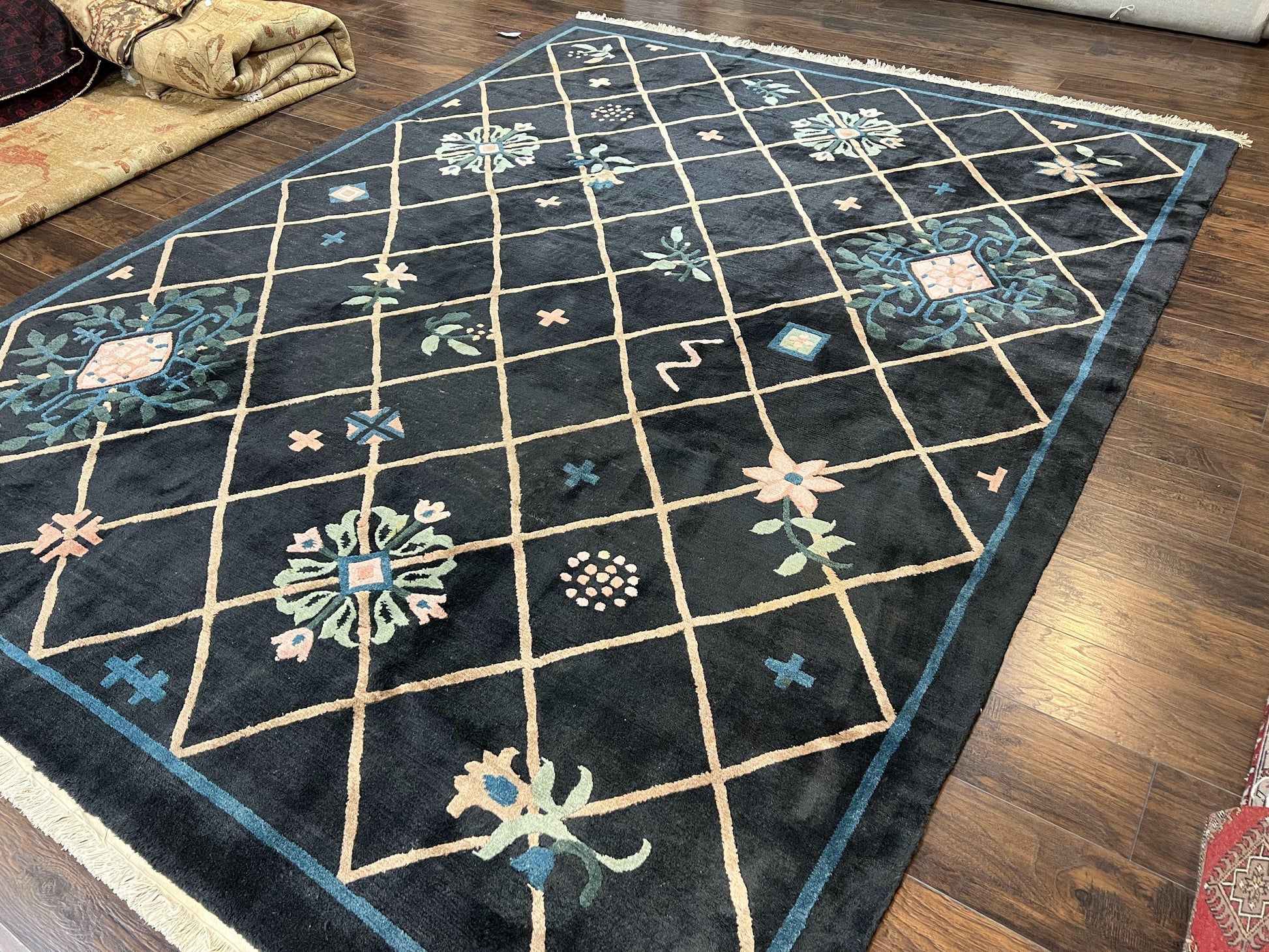 Tibetan Rug 9x12, Hand Knotted Tibet Nepali Contemporary Carpet 9 x 12 ft, Black and Tan, Handmade Area Rug Room Sized, Nepalese Rug - Nuvé