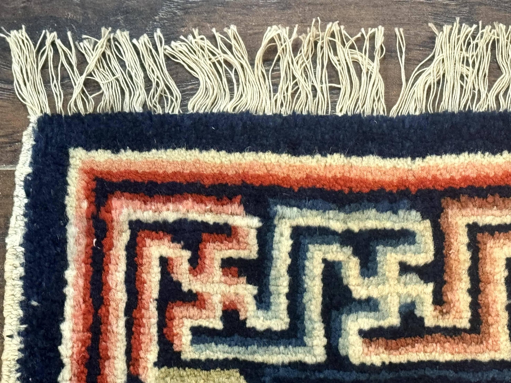 Small Antique Chinese Rug 2x2, Red Blue Square Rug Mat, Handmade, Tibetan Rug - Nuvé