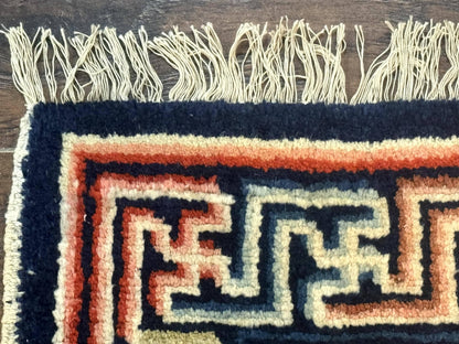 Small Antique Chinese Rug 2x2, Red Blue Square Rug Mat, Handmade, Tibetan Rug - Nuvé