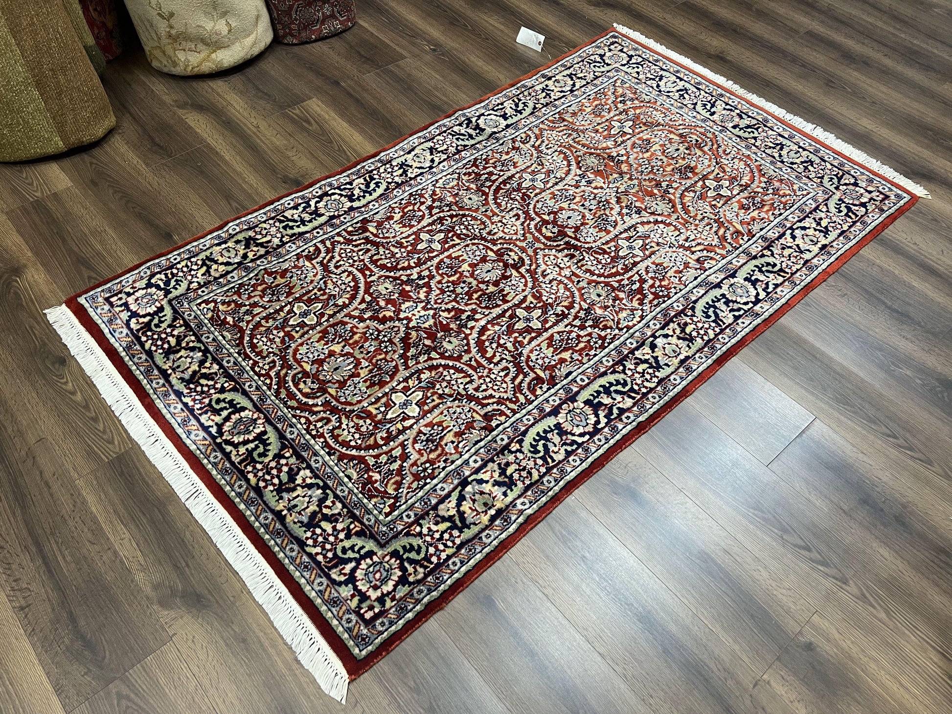 Indo Persian Rug 4x7, Allover Floral Oriental Carpet, Red and Navy Blue, Hand Knotted Indian Kashmiri Traditional Vintage Area Rug 4 x 7 ft - Nuvé