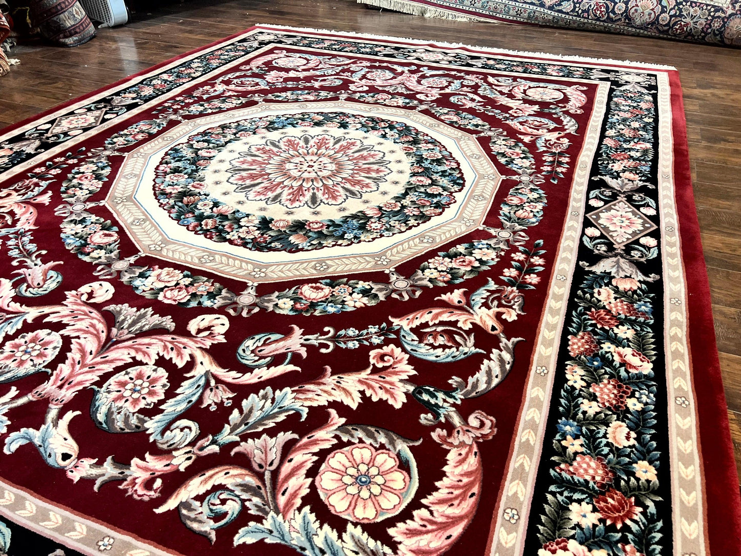 Chinese Aubusson Rug 9x12, Burgundy, Handmade Vintage Wool Carpet, Fine 210 KPSI, Elegant European Design - Nuvé