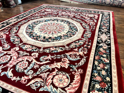 Chinese Aubusson Rug 9x12, Burgundy, Handmade Vintage Wool Carpet, Fine 210 KPSI, Elegant European Design - Nuvé