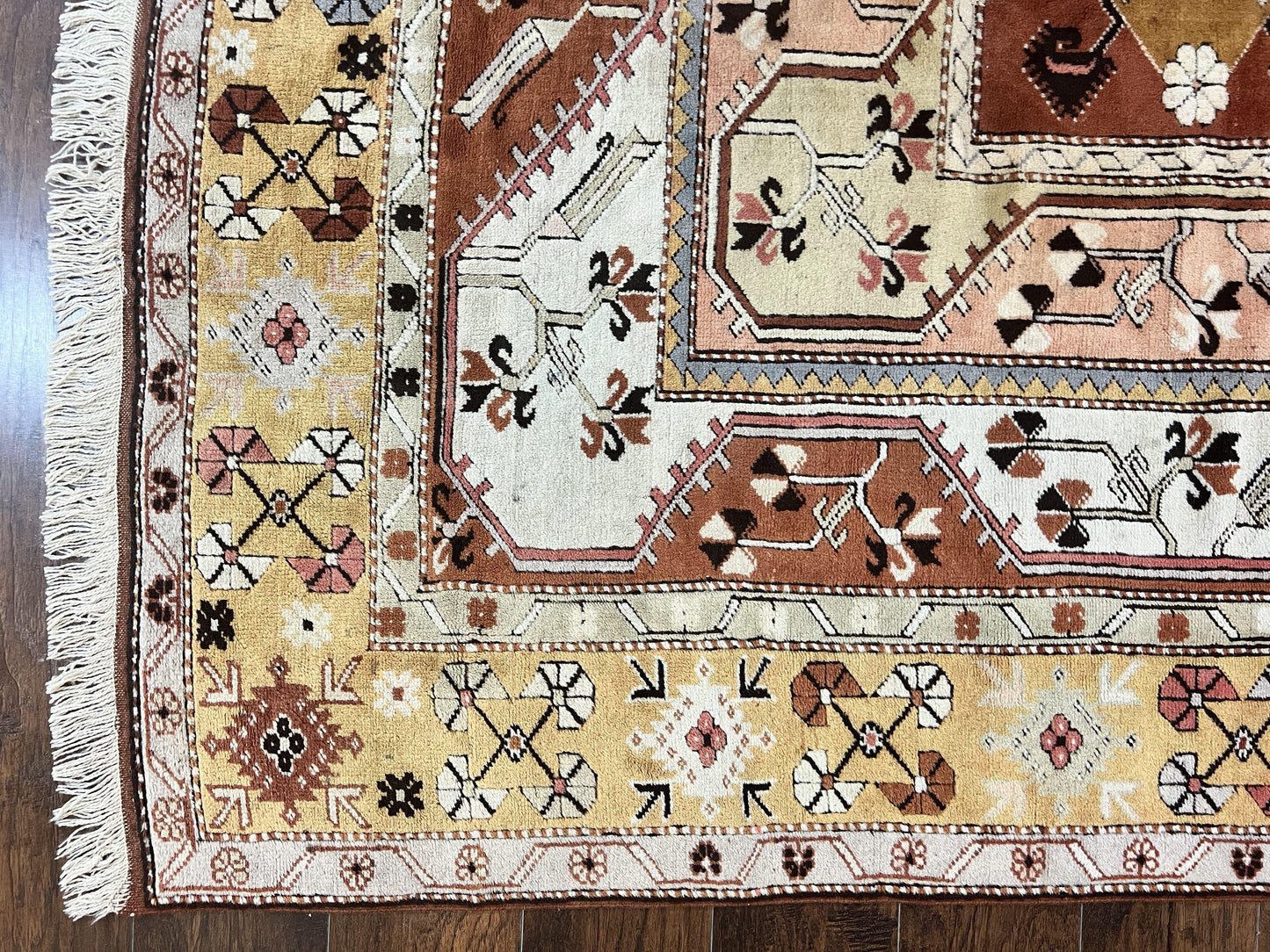 Turkish Rug 7x10, Wool Hand Knotted Vintage Carpet, Geometric Kazak Pattern - Nuvé
