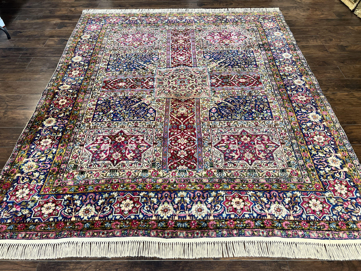 Persian Kirman Lavar Rug 8x9, Antique Persian Carpet, Colorful Multicolor 1920s Handmade Wool Rug, Garden Panel Design, Fine 200 KPSI - Nuvé