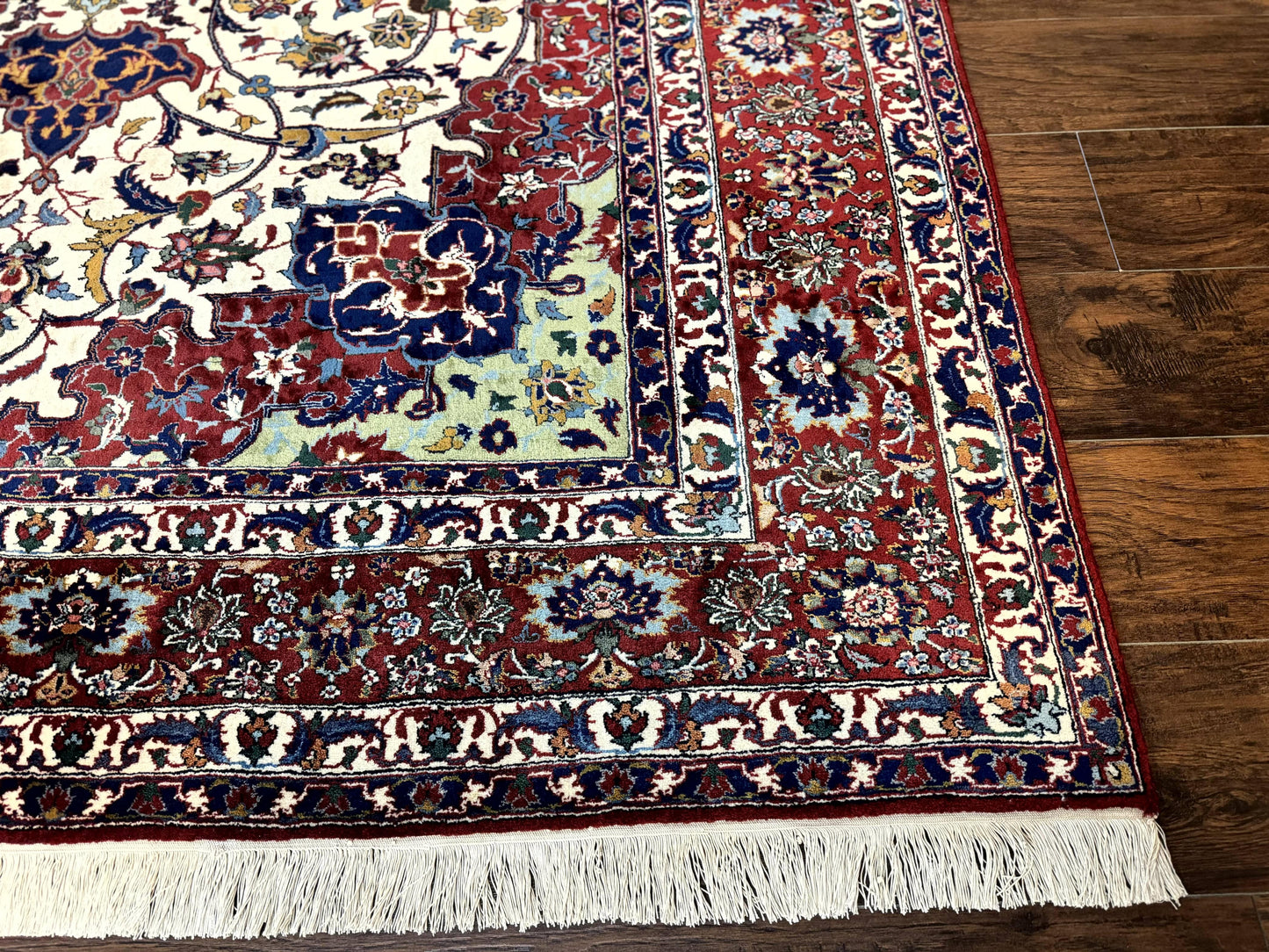 Wonderful Persian Isfahan Rug 7x9, Ivory Navy Blue Red, Floral Medallion, Very Finely Hand Knotted 260 KPSI, Handmade Wool Vintage Rug - Nuvé