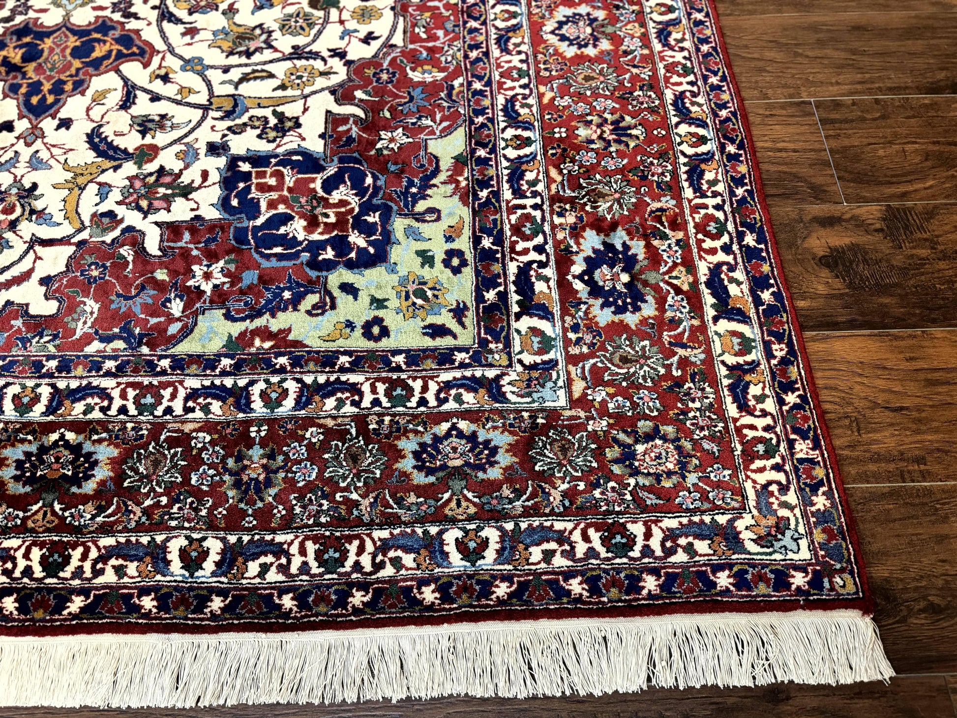 Wonderful Persian Isfahan Rug 7x9, Ivory Navy Blue Red, Floral Medallion, Very Finely Hand Knotted 260 KPSI, Handmade Wool Vintage Rug - Nuvé
