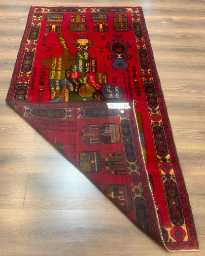 Red Afghan Balouch Rug 3x7, Tribal, Map of Afghanistan Depiction, Handmade, New - Nuvé