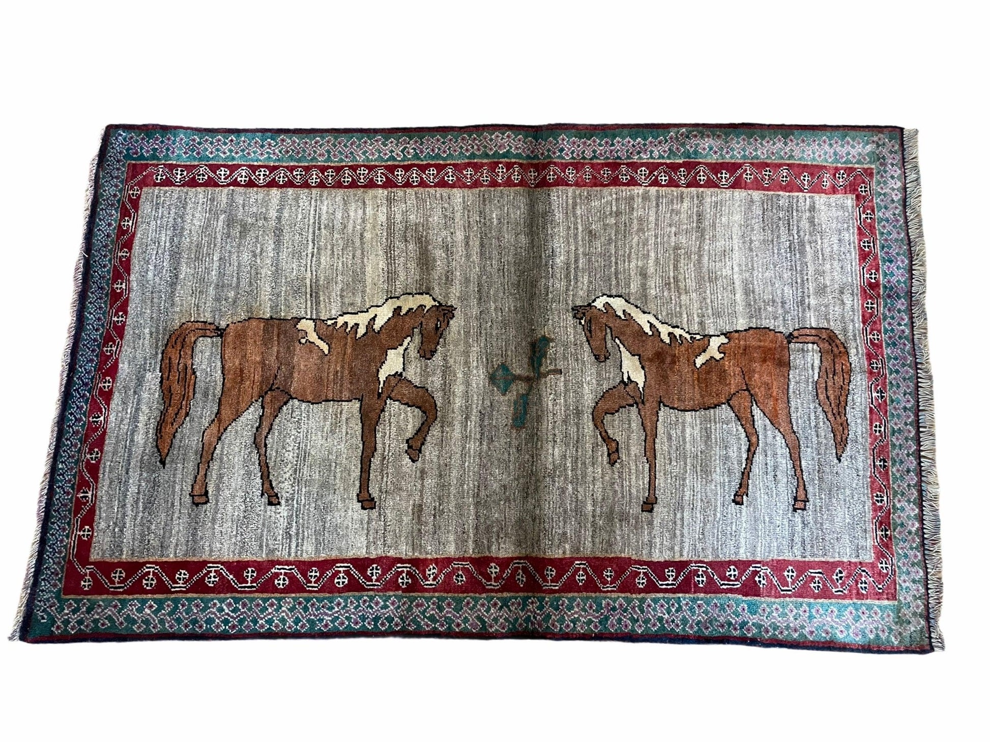 4 X 6 Handmade Rug Zagros New Vintage Quality Wool Rug Horses Silver Brown Nice - Nuvé