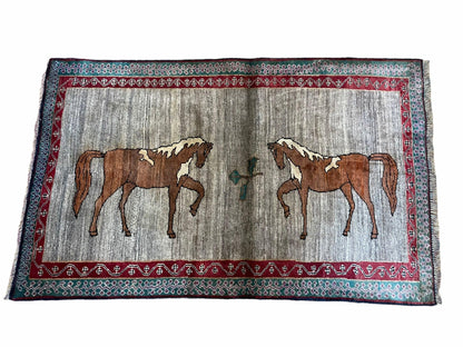 4 X 6 Handmade Rug Zagros New Vintage Quality Wool Rug Horses Silver Brown Nice - Nuvé