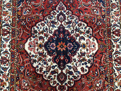 Semi Antique Persian Bakhtiari Rug, Hand-Knotted, Wool, Red, Midnight Blue, Ivory, Floral Medallion, 5'1" x 8' 6" - Nuvé