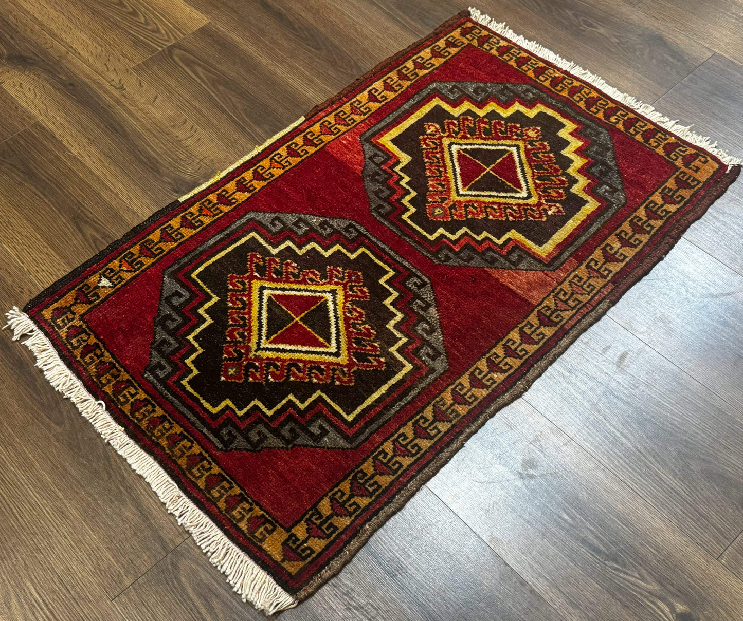 Small Antique Turkish Yastik Rug 2x3, Double Medallions, Geometric, Red, Wool - Nuvé