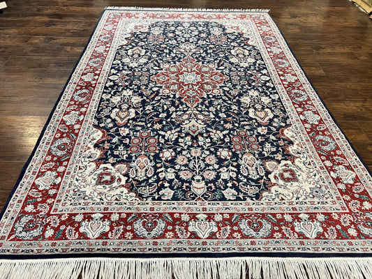 Pak Persian Rug 6x9, Floral Medallion, Dark Blue, Traditional Oriental Carpet, Handmade Wool Vintage Medium Size Rug, 240 KPSI - Nuvé