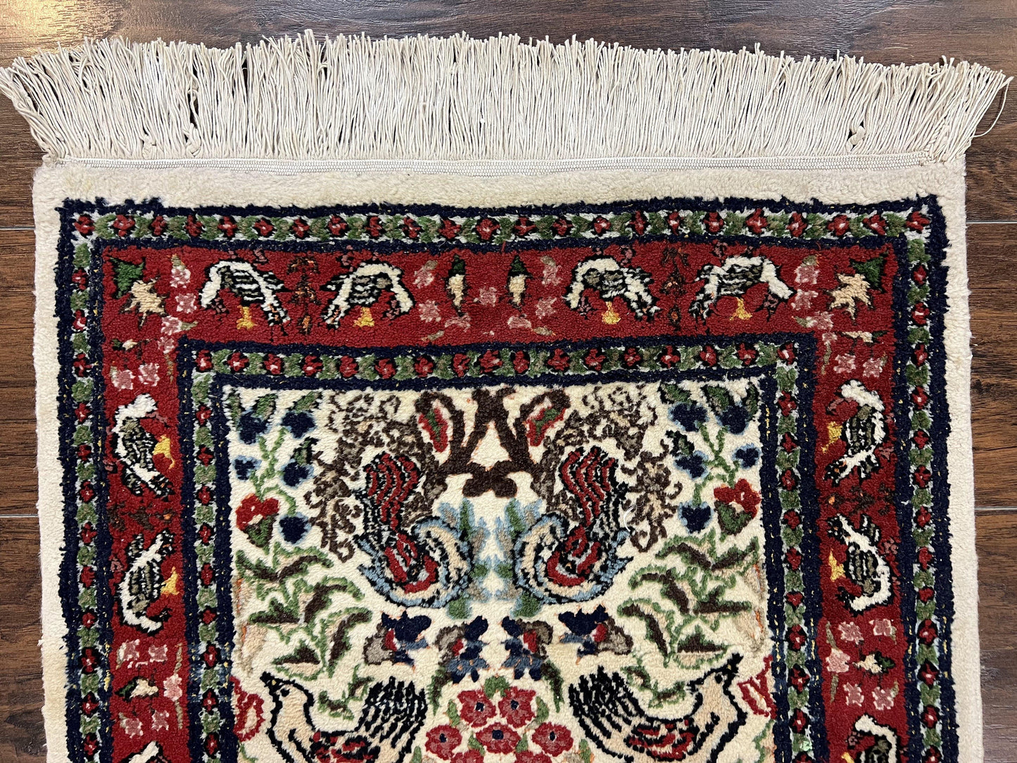 Small Indo Persian Rug 2x3 ft, Wool with Silk Highlights, Animal Pictorial Motifs Birds Vase Flowers, Cream and Maroon, Hand Knotted Fine - Nuvé