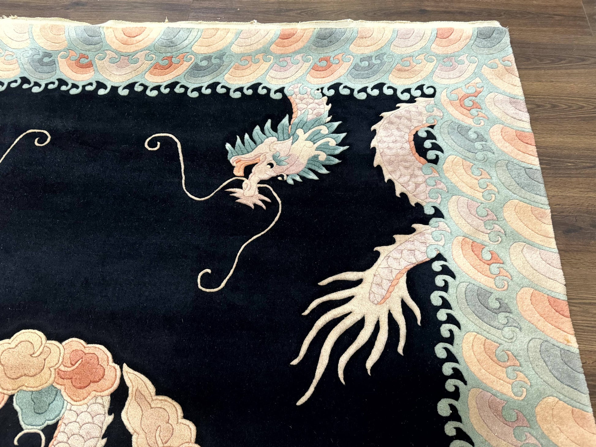 Black Chinese Wool Rug 8x10 with Dragons, Rainbow Borders, Rare - Nuvé