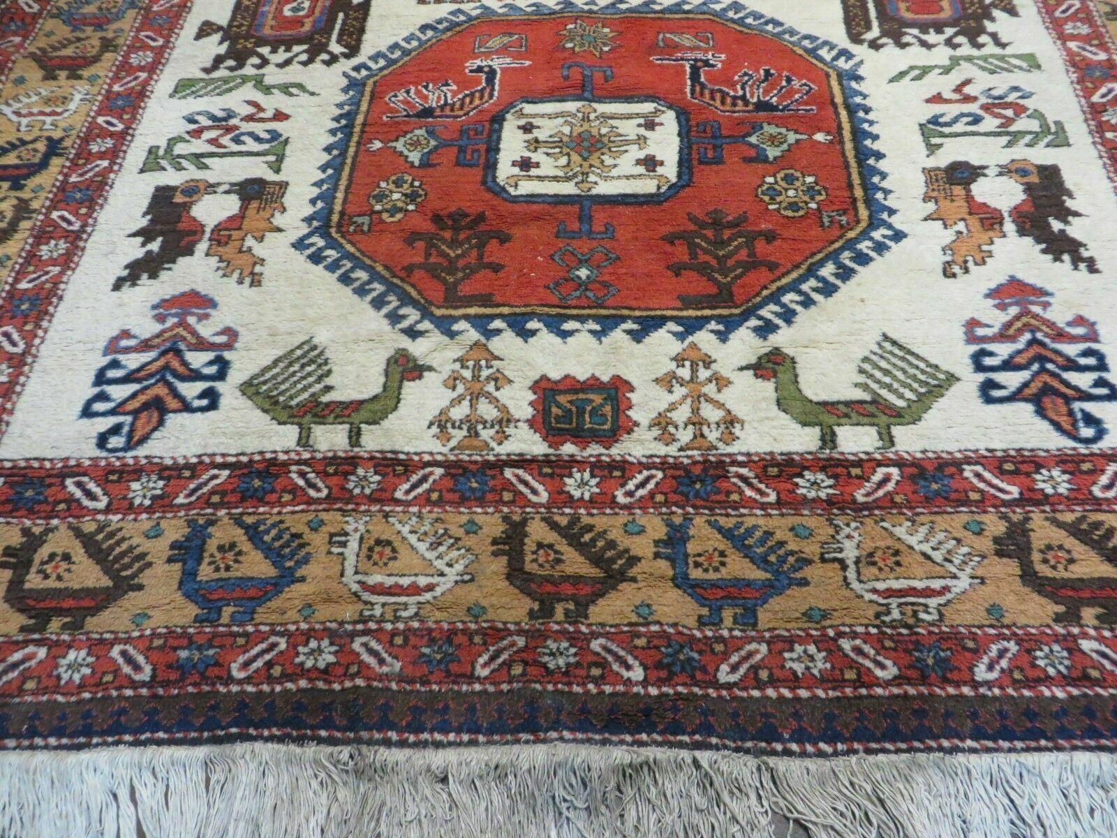 7' X 10' Vintage Handmade Knotted Turkish Wool Rug Birds Animal Ivory Organic - Nuvé