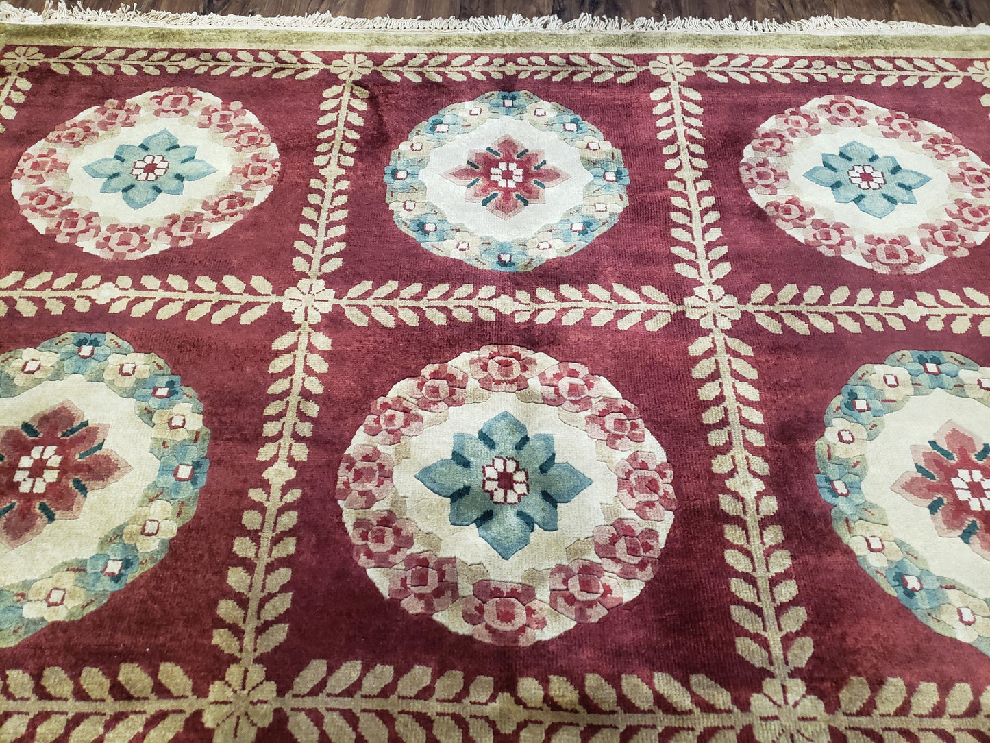 Nepalese Aubusson Panel Rug 6x9, Red & Ivory Soft Plush Tibetan Pile Rug, Wool Hand-Knotted Carpet, 6 x 9 Elegant Area Rug, Office Room Rug - Nuvé