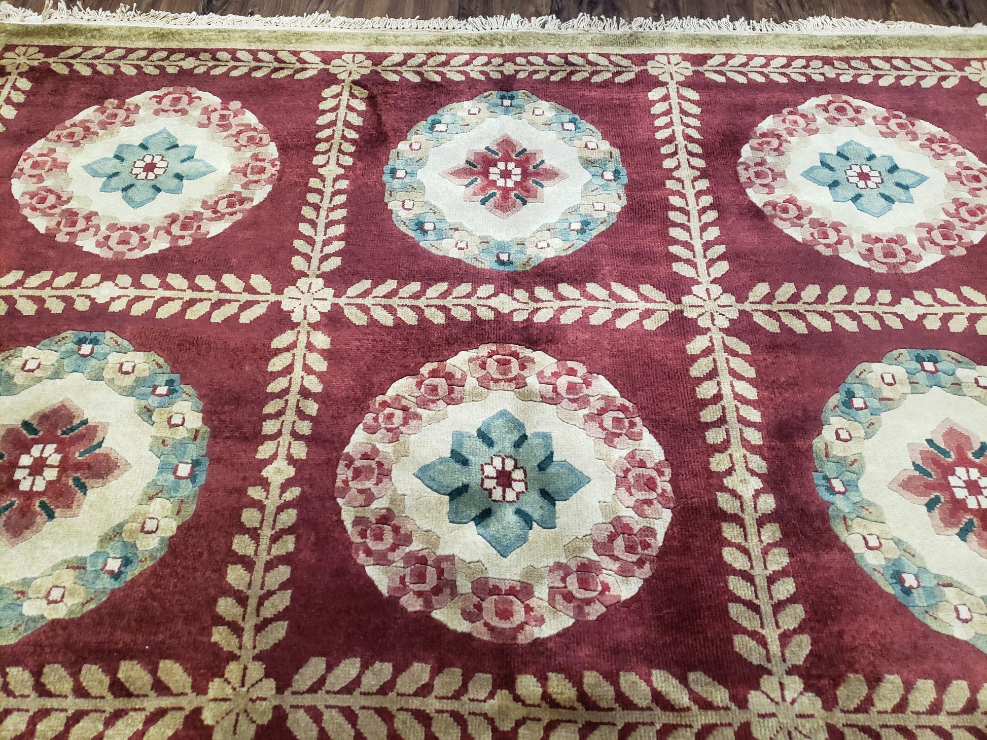 Nepalese Aubusson Panel Rug 6x9, Red & Ivory Soft Plush Tibetan Pile Rug, Wool Hand-Knotted Carpet, 6 x 9 Elegant Area Rug, Office Room Rug - Nuvé