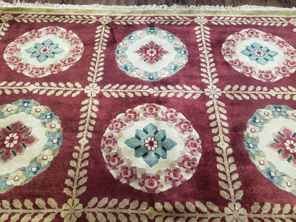 Nepalese Aubusson Panel Rug 6x9, Red & Ivory Soft Plush Tibetan Pile Rug, Wool Hand-Knotted Carpet, 6 x 9 Elegant Area Rug, Office Room Rug - Nuvé