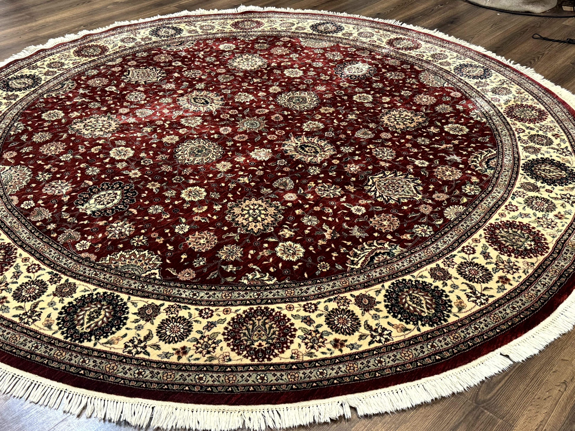 Round Sino Persian Rug 9x9, Burgundy and Cream, Floral, Wool and Silk, 9ft Round Carpet - Nuvé