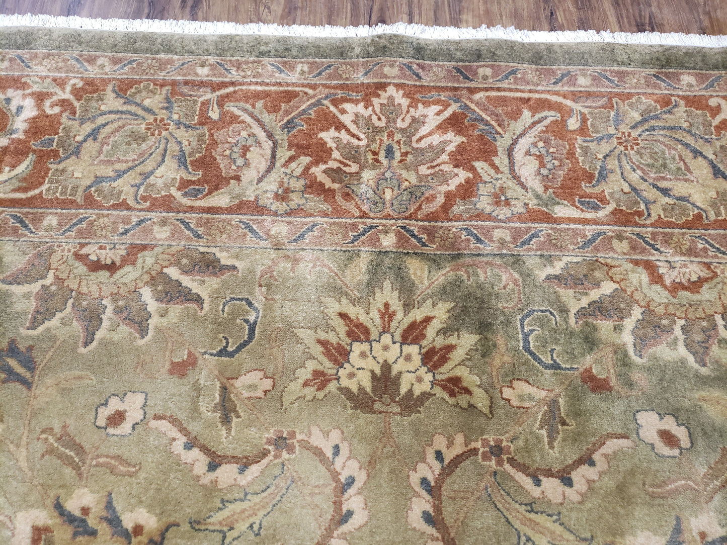 Green Indo Mahal area rug, 9x12 wool hand-knotted carpet featuring intricate traditional designs, from Jewel Rugs.