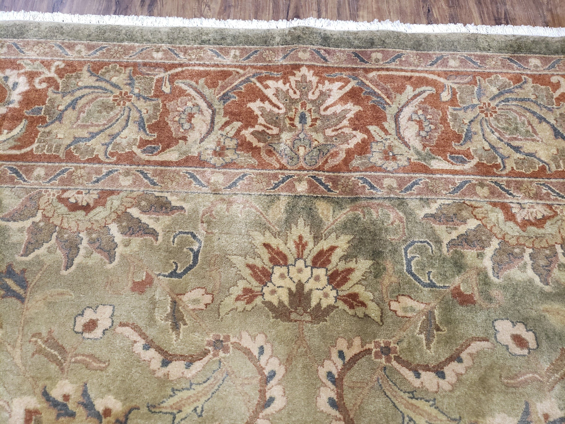 Green Indo Mahal area rug, 9x12 wool hand-knotted carpet featuring intricate traditional designs, from Jewel Rugs.
